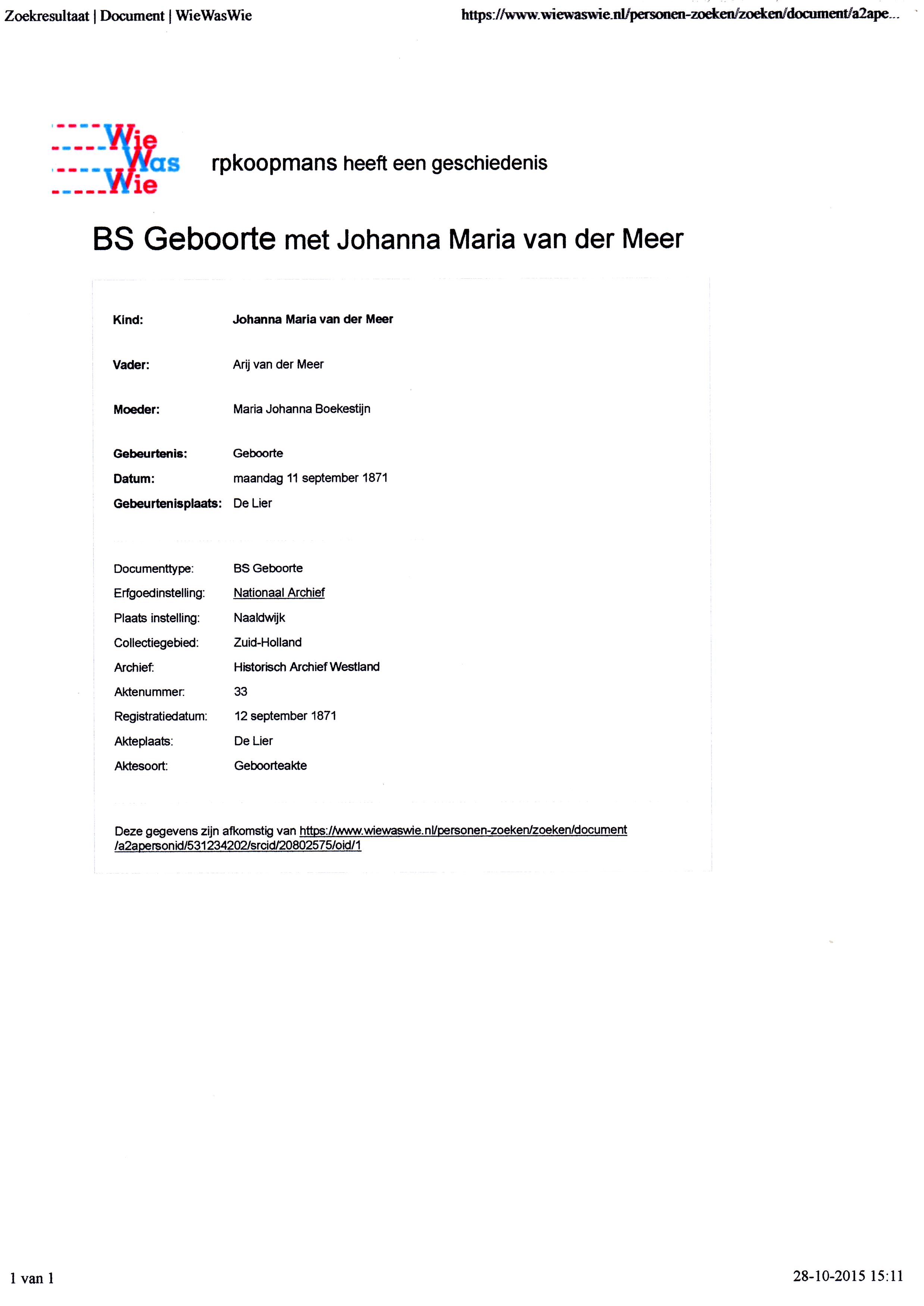 1871-09-11 Geboorte Johanna Maria van der Meer