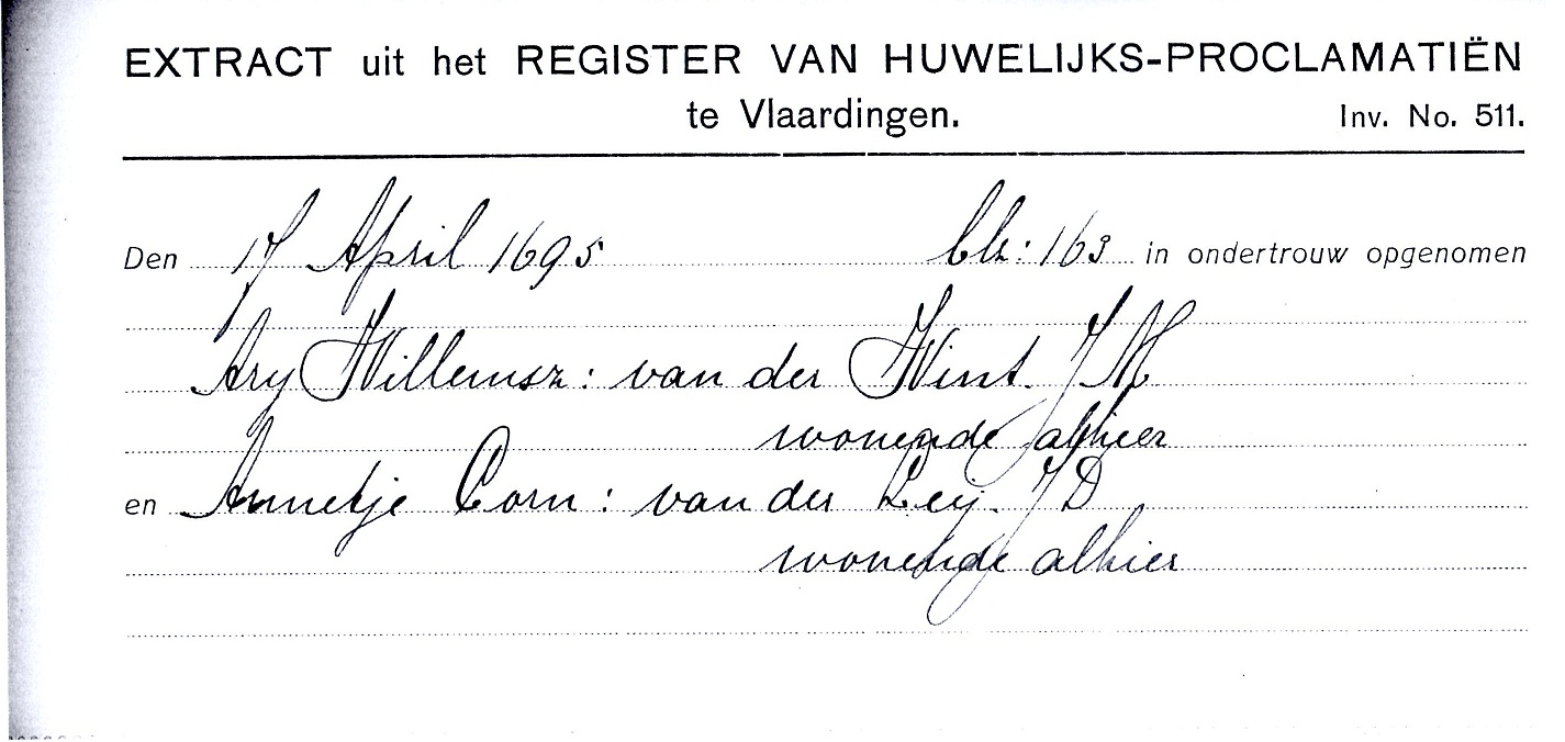 1695-04-17 Ondertrouw Arij Willemsz van der Wint en Annetje Cornelisd van der Leij