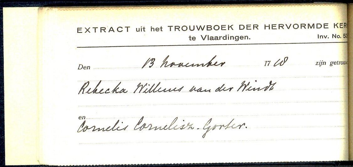 1718-11-13 Extract Trouwboek Rebecca Willemsd van der Wint trouwt Cornelis Cornelisz Gorter (2)