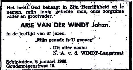 1966-01-06 Overlijdens advertentie Arie van der Windt