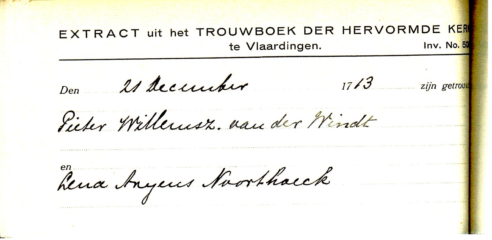 1713-12-21 Extract uit het Trouwboek van Pieter Willemsz van der Windt en Lena Arijnsd Noorthoek