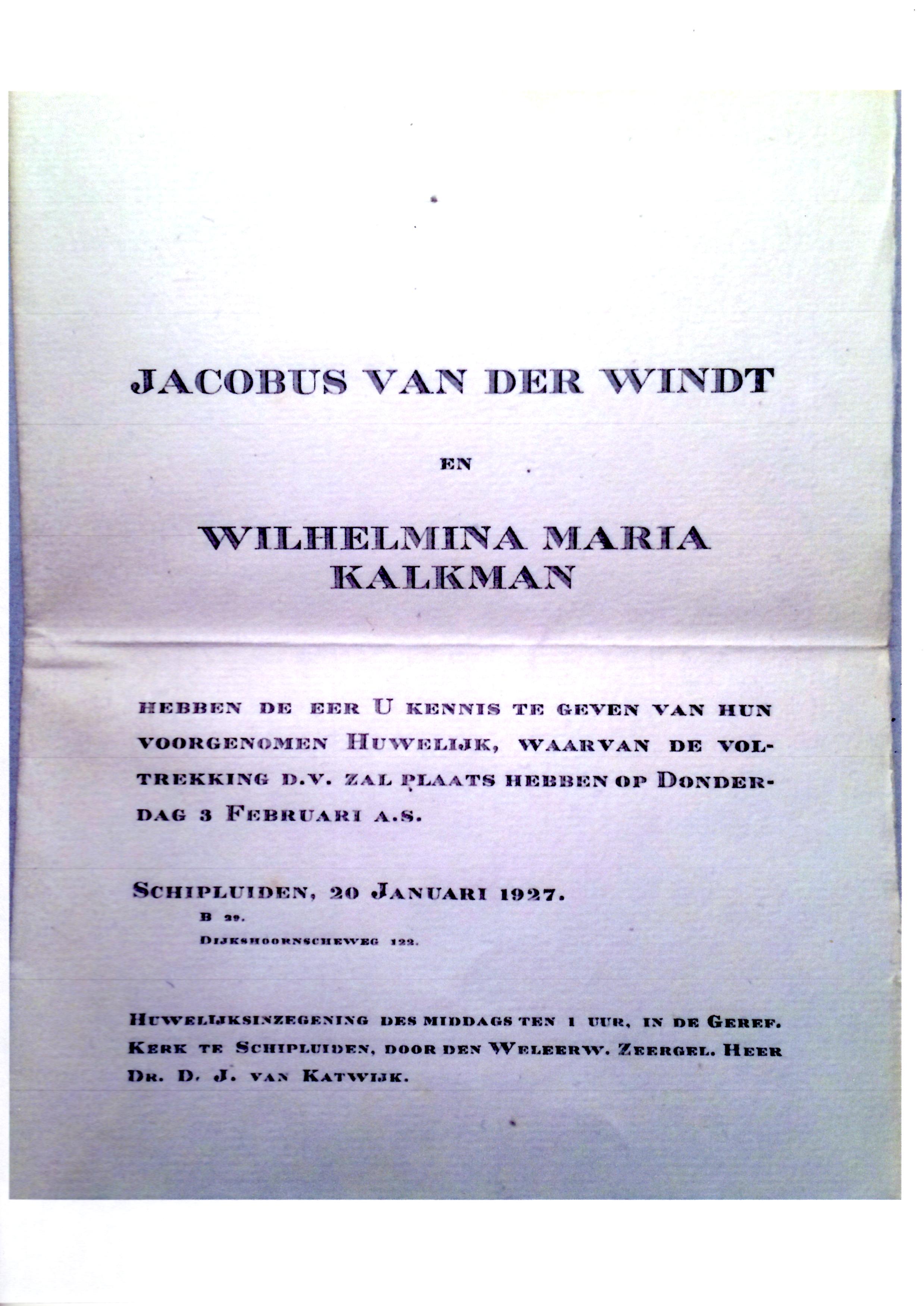 1927-03-03 Huwelijk Jacobus (Koos) van der Windt en Wilhelmina Maria Kalkman