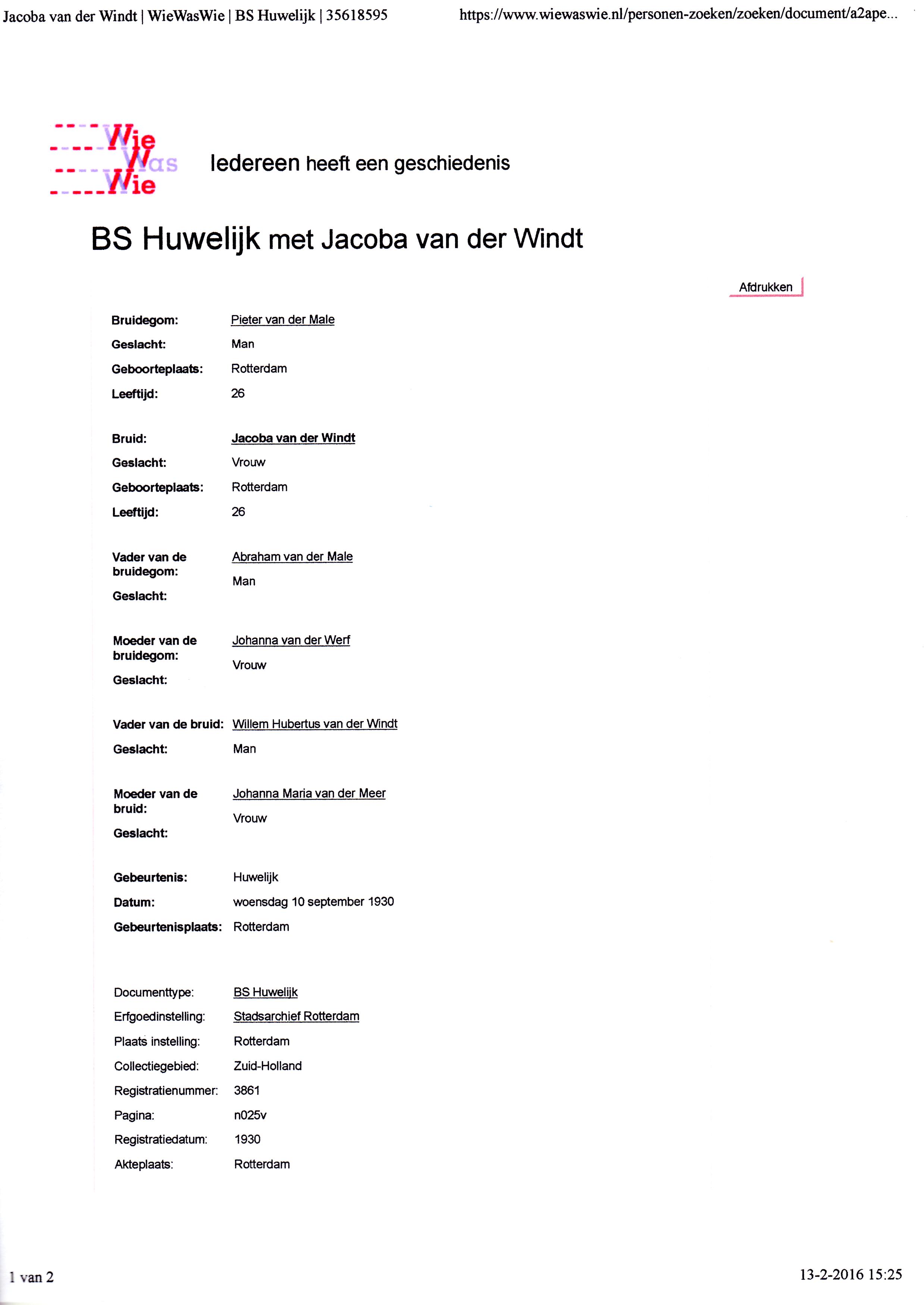 1930-09-10 Huwelijk Jacoba (Co) van der Windt en Pieter van der Male