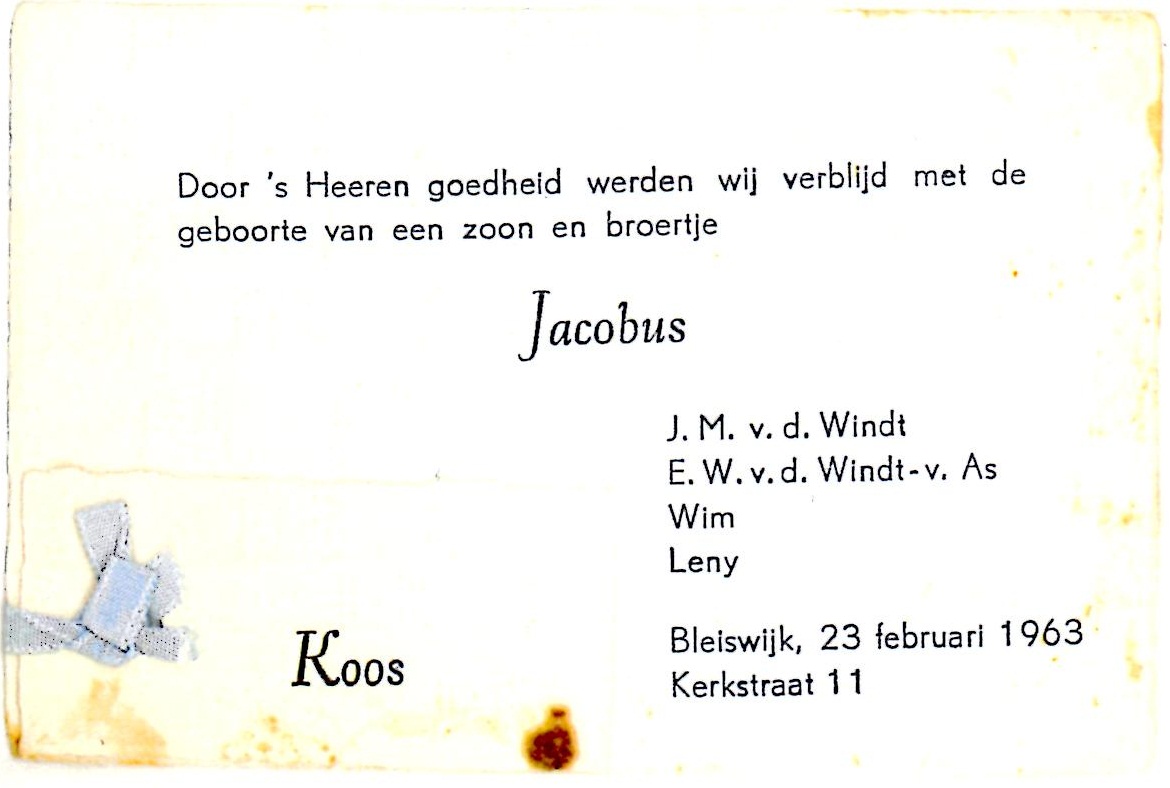 1963-02-23 Geboortekaart Jacobus (Koos) van der Windt