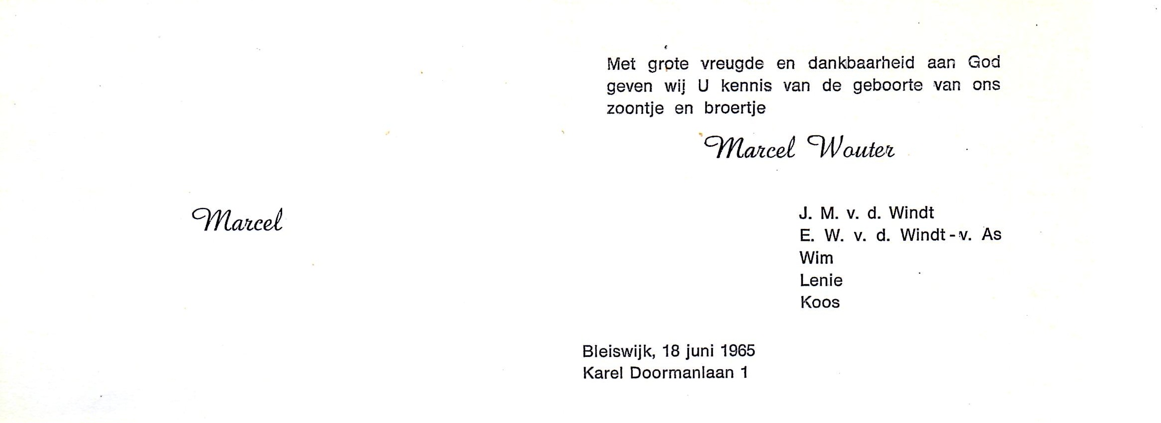 1965-06-18 Geboortekaart Marcel Wouter van der Windt