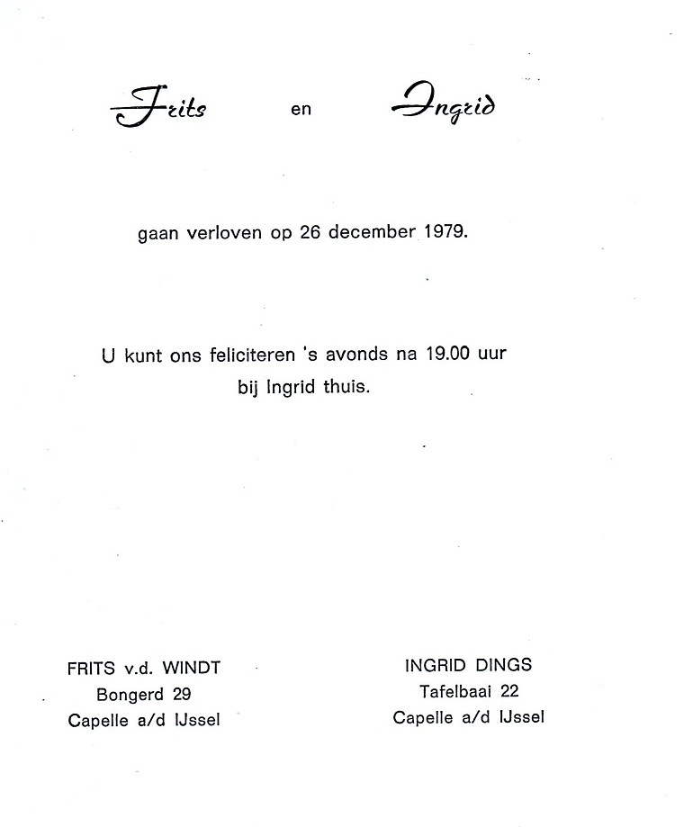 1979-12-26 Verlovingskaart van Frits van der Windt en Ingrid Dings
