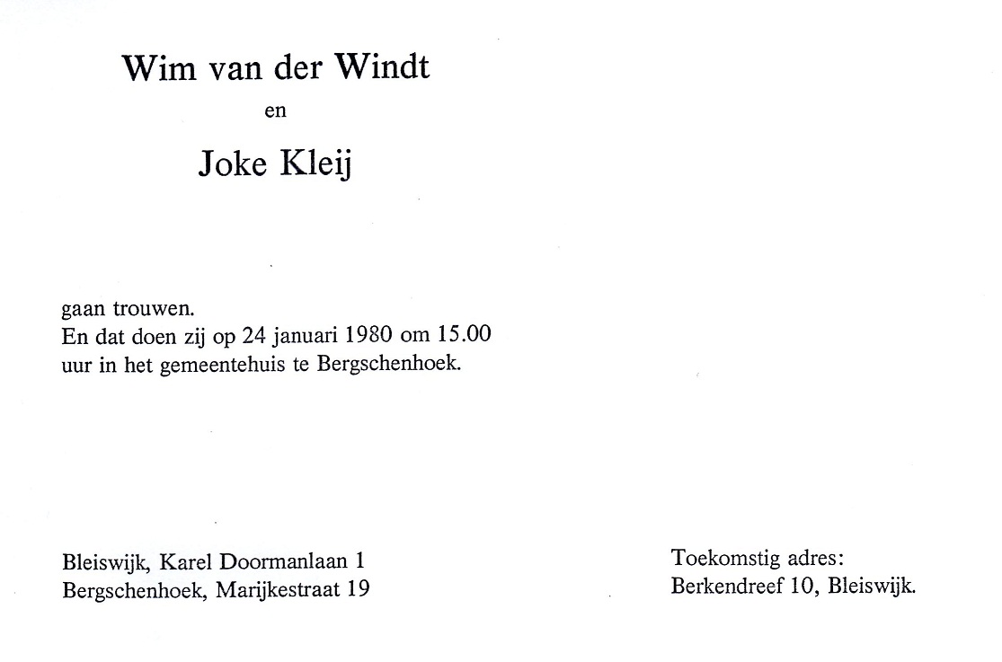 1980-01-24 Trouwkaart Willem Hubertus (Wim) van der Windt en Joke Kleij