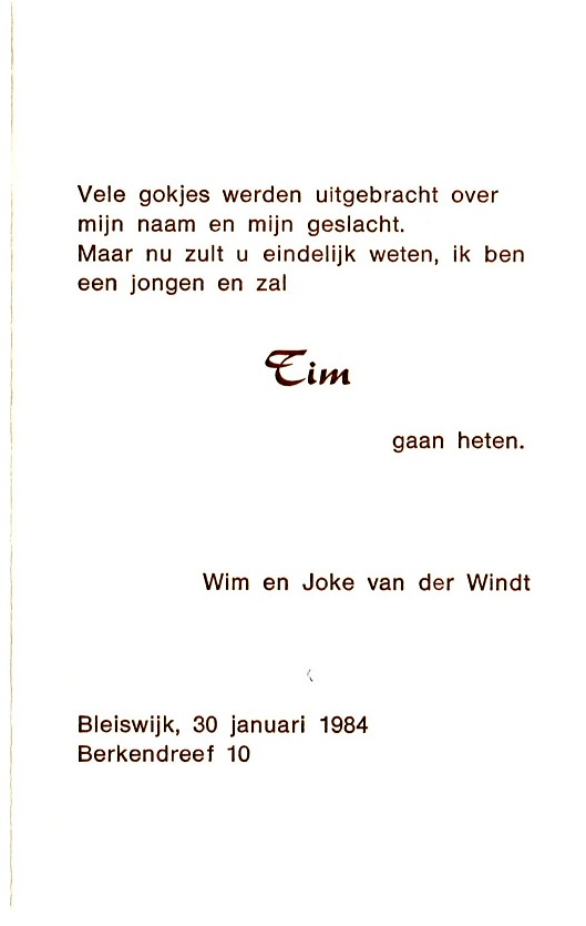 1984-01-30 Geboortekaartje Tim van der Windt