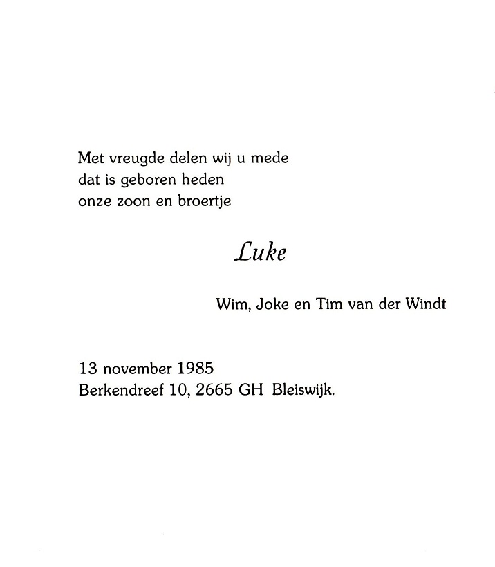 1985-11-13 Geboortekaartje Luke van der Windt