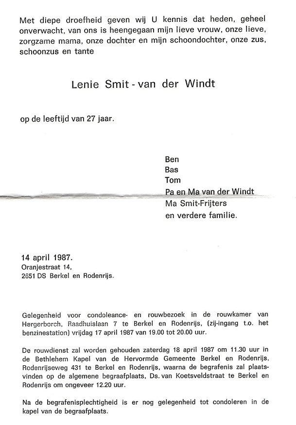 1987-04-14 Overlijden Lenie van der Windt