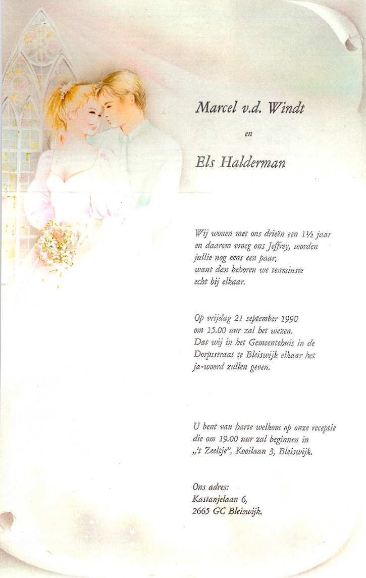 1990-09-21 Trouwkaart Marcel Wouter van der Windt en Els Halderman