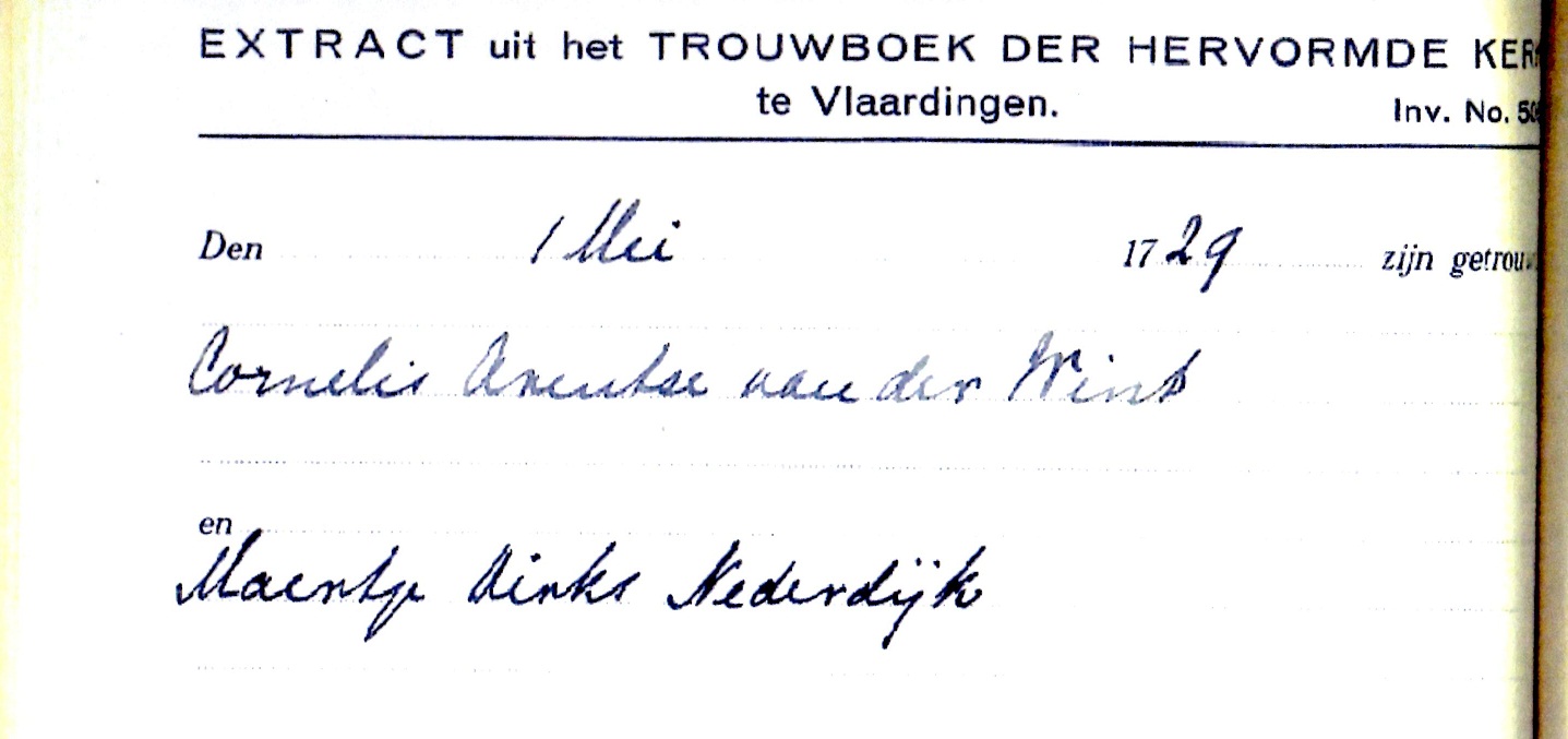 1729-05-01 Extract Trouwboek van Cornelis Arentsz van der Wint en Maertje Dirksd Nederdijk