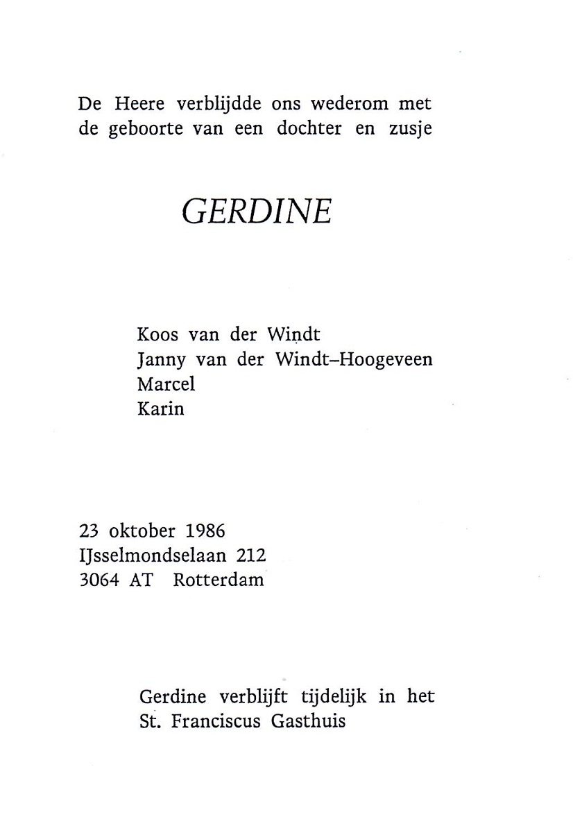 1986-10-23 Geboortekaart Gerdine van der Windt