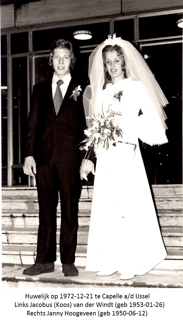 Huwelijk van Jacobus (Koos) van der Windt en Janny Hoogeveen op 21-12-1972