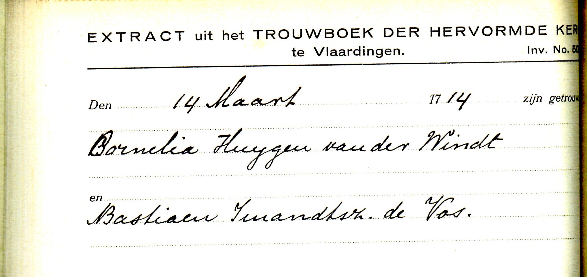 1714-03-14 Extract Trouwboek Cornelia Huijgensd van der Wint en Bastiaan IJmensz de Vos