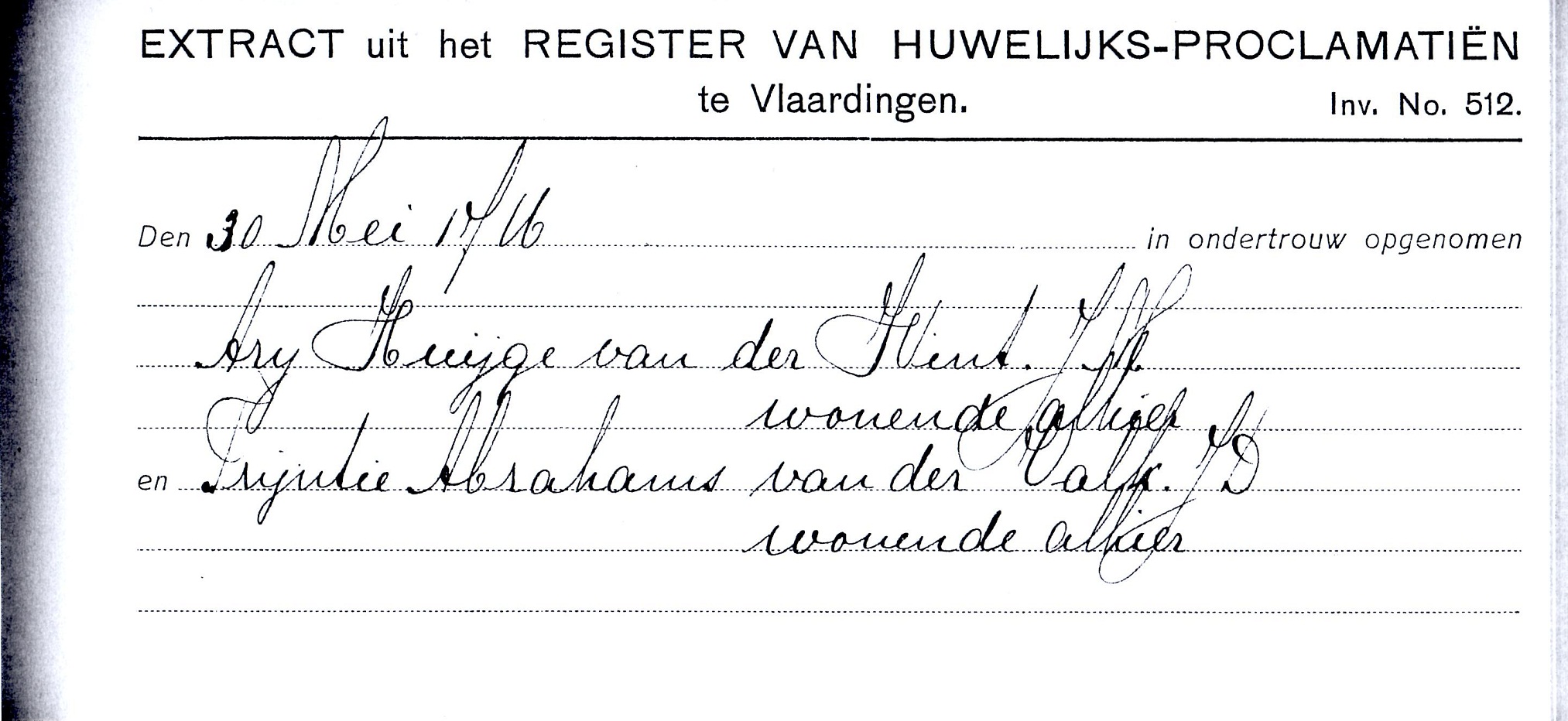 1716-05-30 Verloving Arij Huijgensz van der Windt en Trijntje Abrahamsd van der Valck