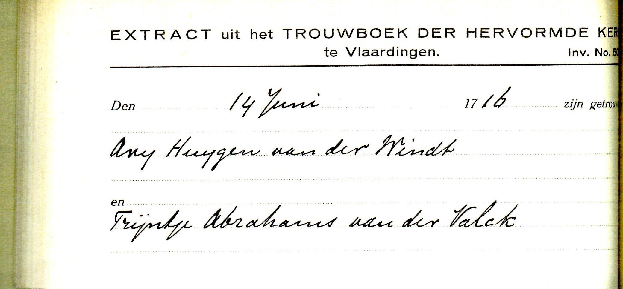 1716-06-14 Extract Trouwboek Arij Huijgensz van der Windt en Trijntje Abrahamsd van der Valck
