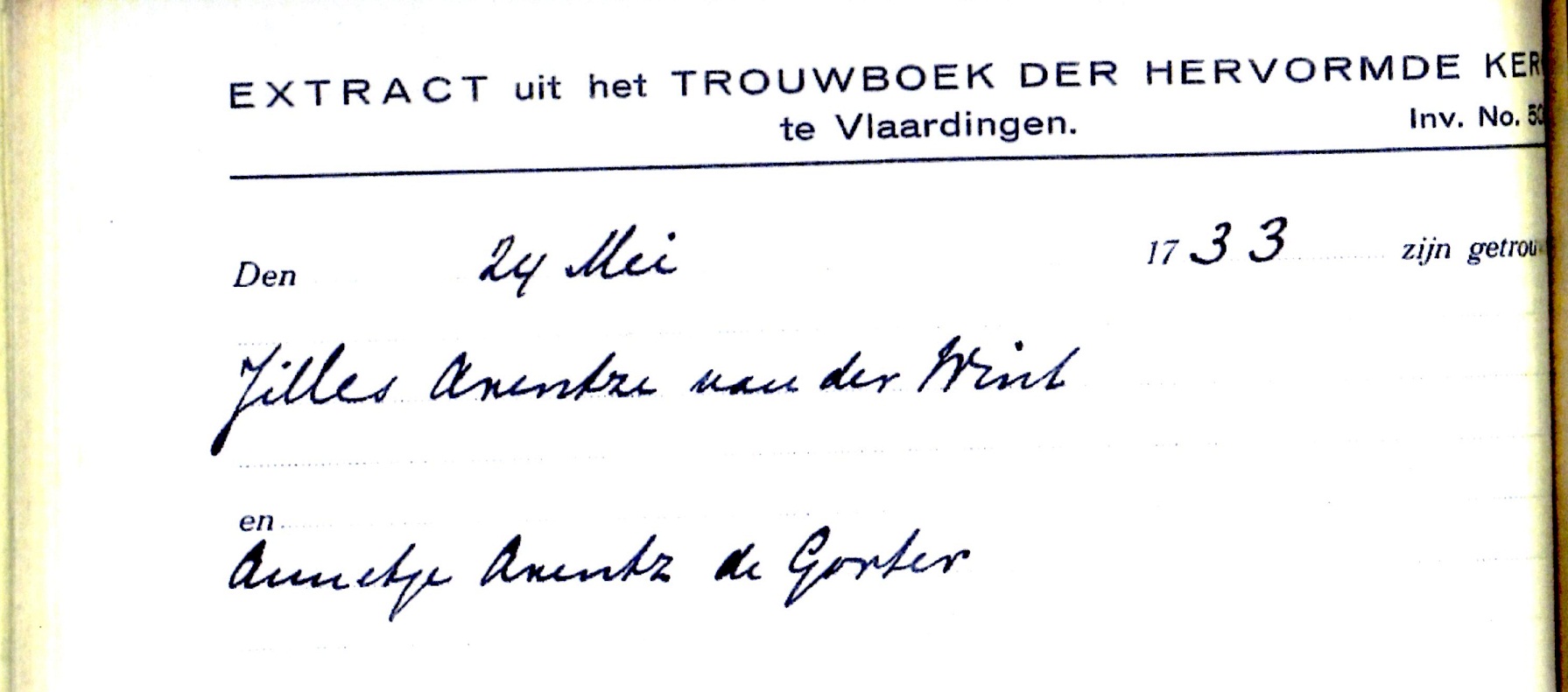 1733-05-24 Extract Trouwboek Jilles Arentsz van der Wint en Annetje Arensd de Gorter