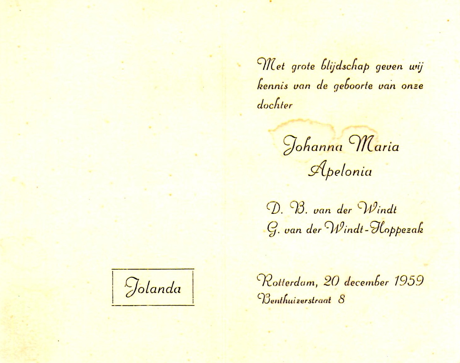 1959-12-20 Geboortekaart Johanna Maria Apelonia (Jolanda) van der Windt