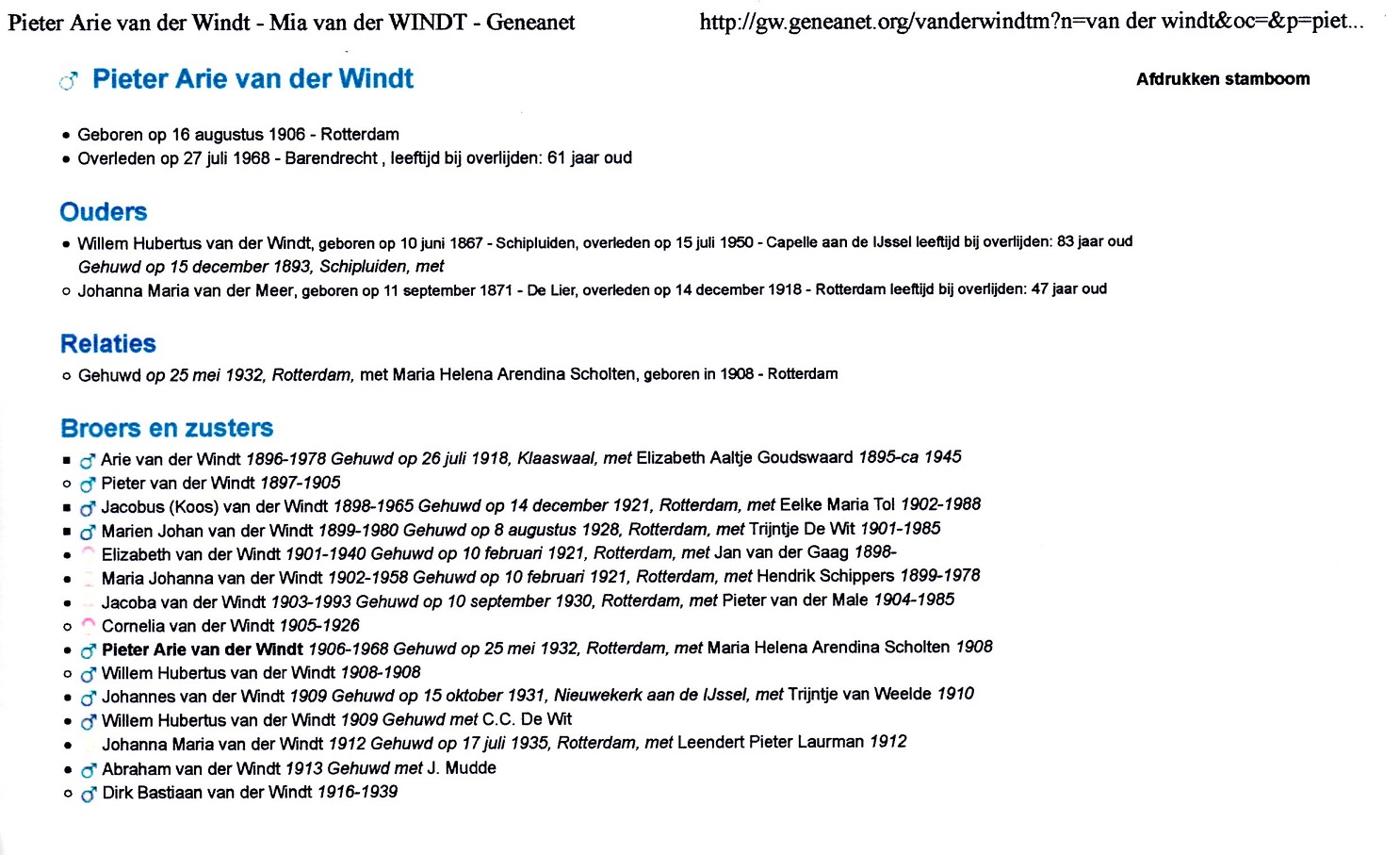 1906-08-16 Stamboom gegevens Pieter Arie (Piet) van der Windt