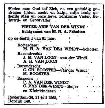 1968-07-27 Overlijdensadvertentie Pieter Arie (Piet) van der Windt
